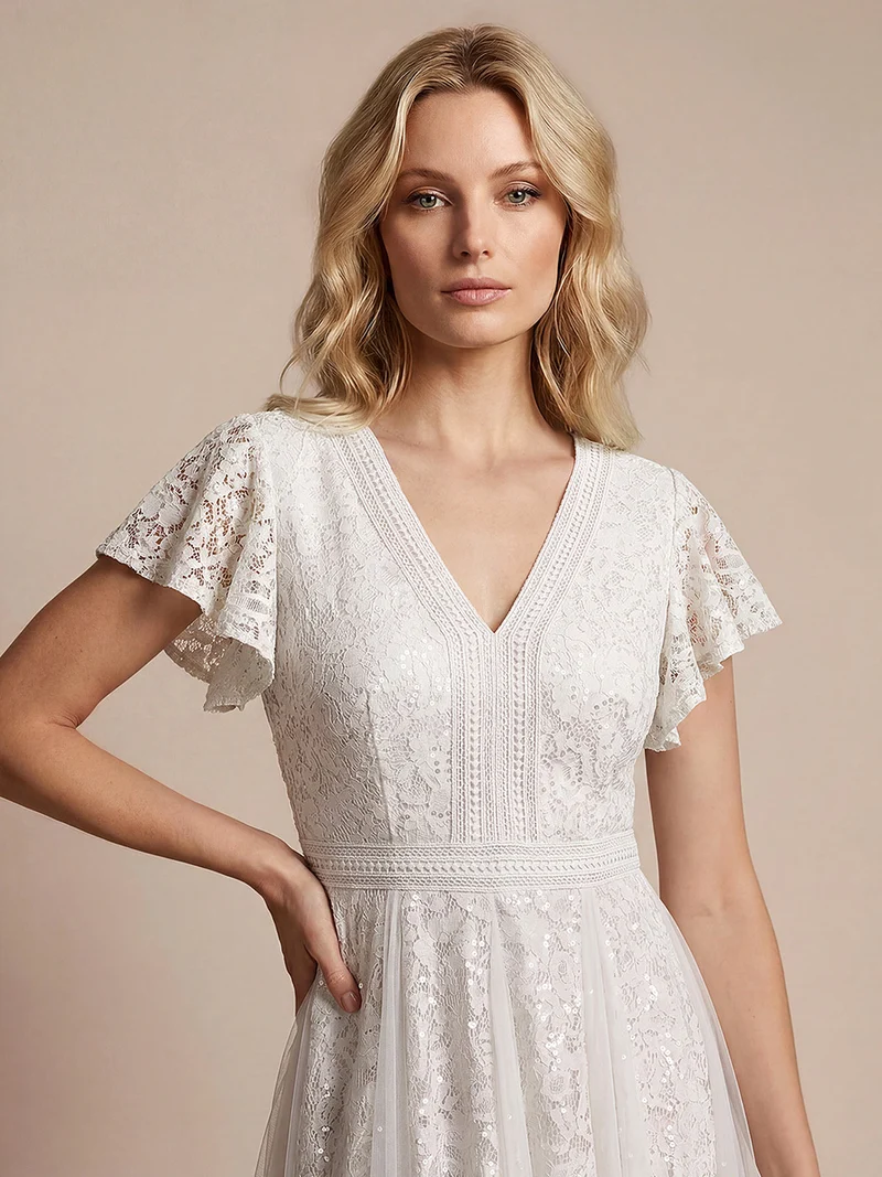 Robe midi évasée en tulle avec manches courtes décolleté en V et volants