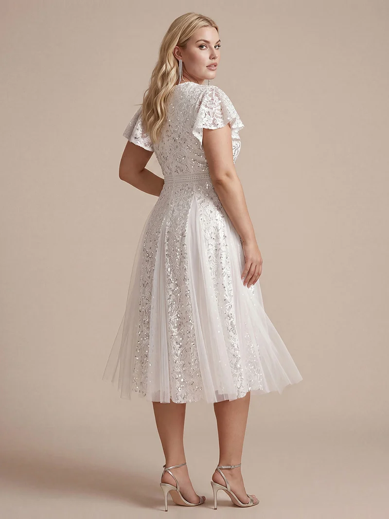 Robe midi évasée en tulle avec manches courtes décolleté en V et volants