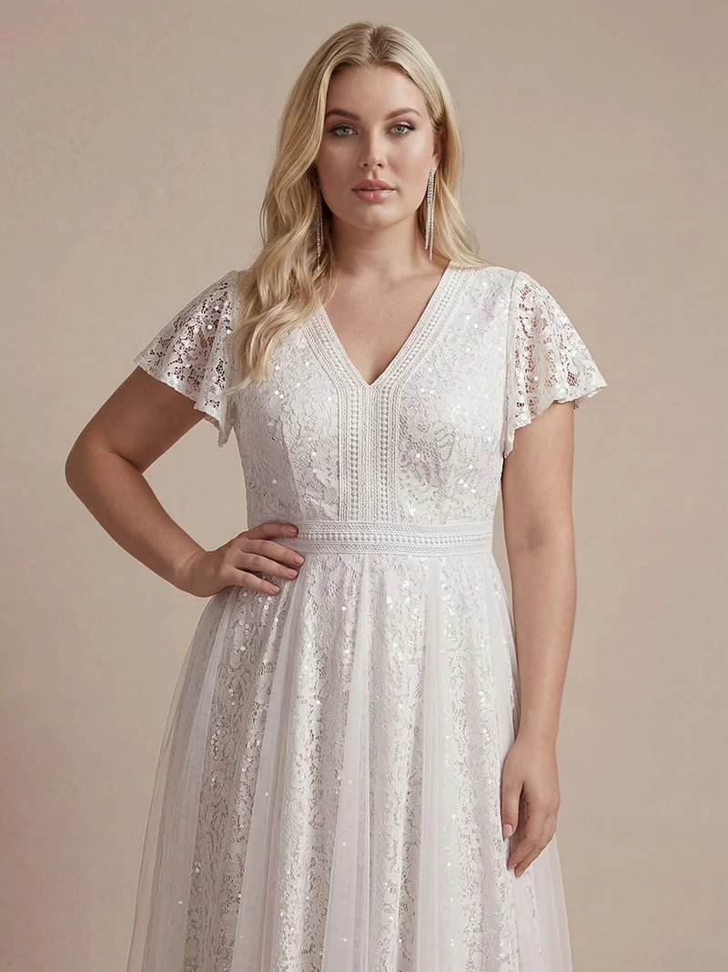 Robe midi évasée en tulle avec manches courtes décolleté en V et volants