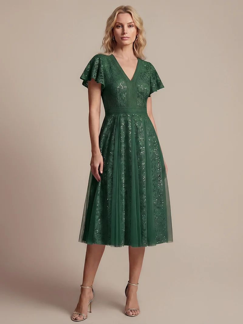 Robe midi évasée en tulle avec manches courtes décolleté en V et volants