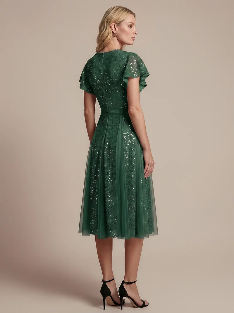 Robe midi évasée en tulle avec manches courtes décolleté en V et volants
