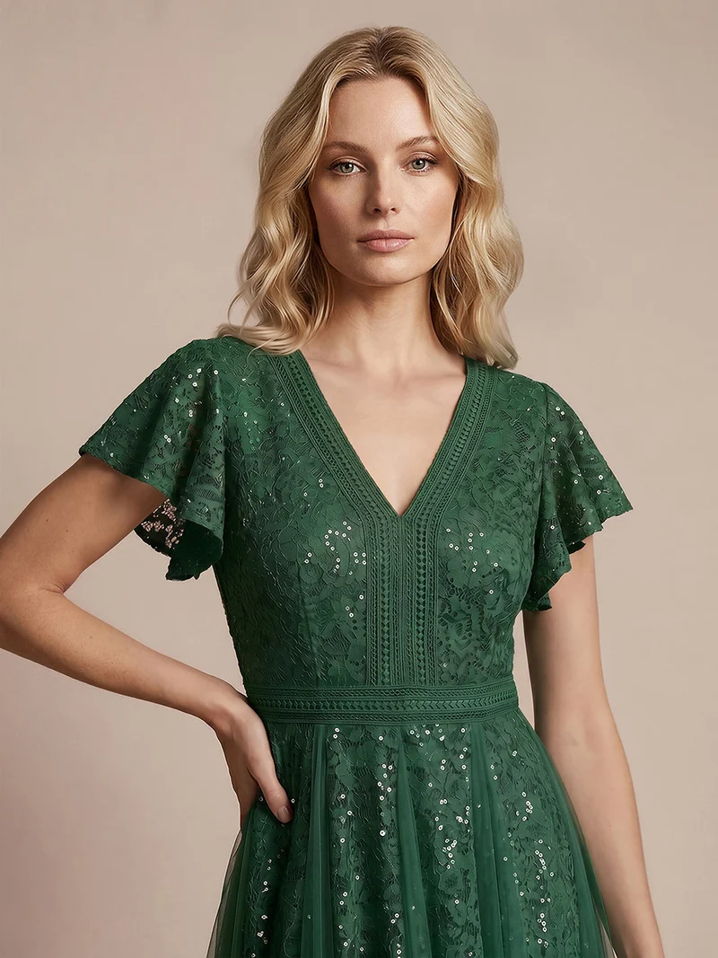 Robe midi évasée en tulle avec manches courtes décolleté en V et volants