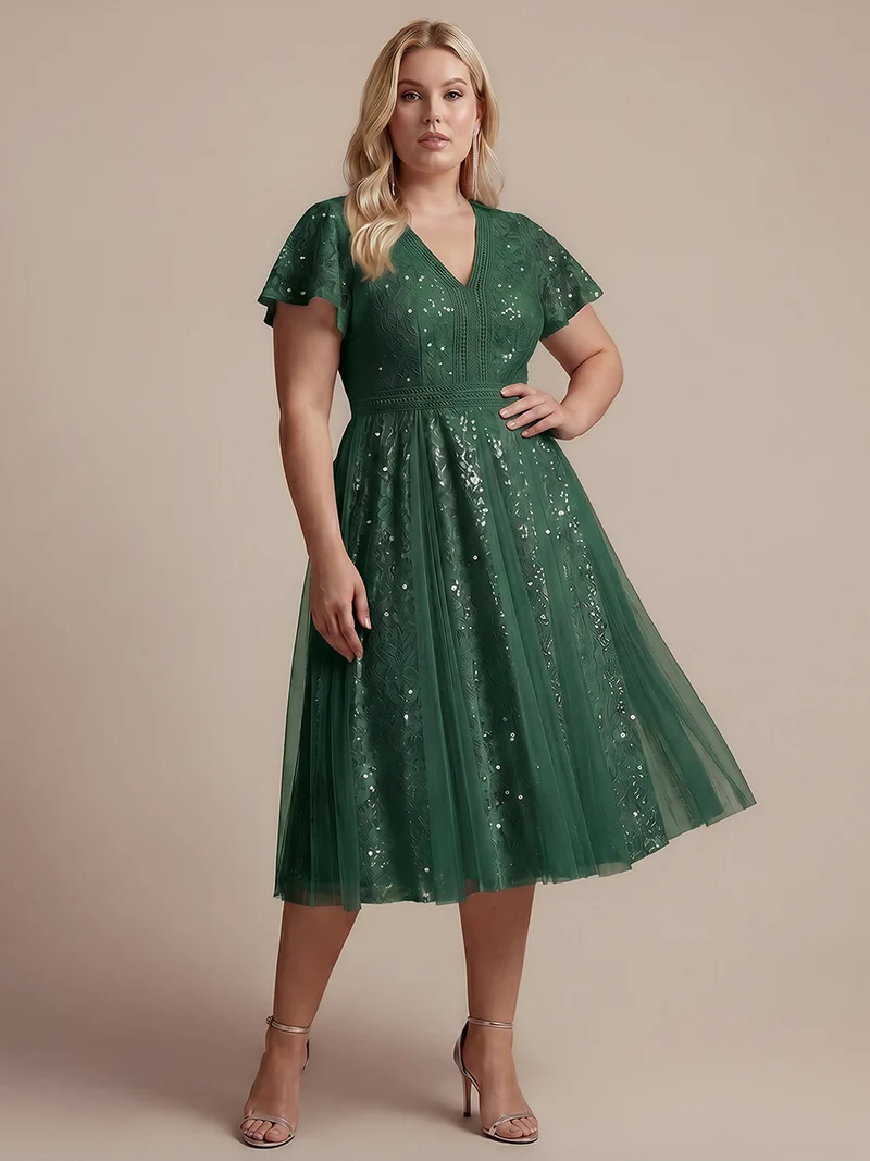 Robe midi évasée en tulle avec manches courtes décolleté en V et volants