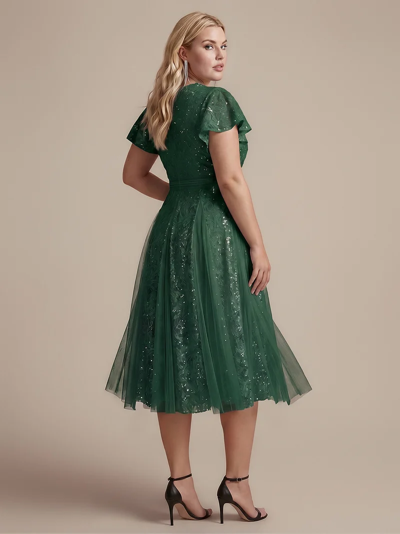 Robe midi évasée en tulle avec manches courtes décolleté en V et volants