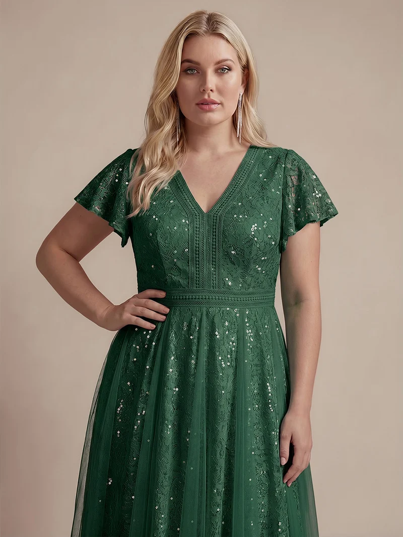 Robe midi évasée en tulle avec manches courtes décolleté en V et volants