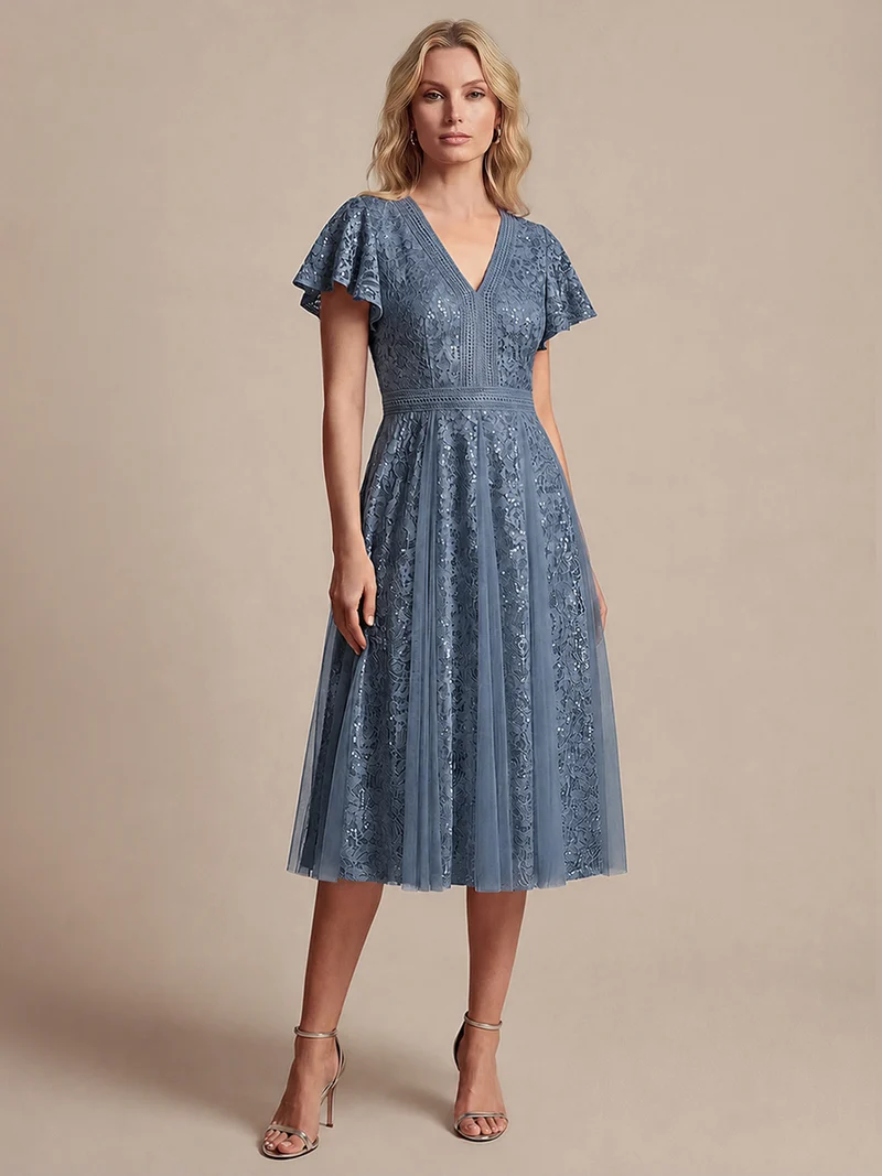 Robe midi évasée en tulle avec manches courtes décolleté en V et volants