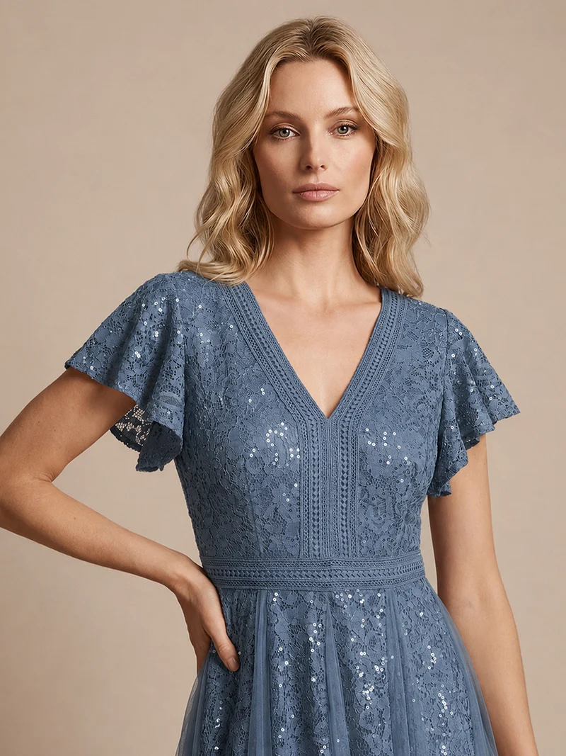 Robe midi évasée en tulle avec manches courtes décolleté en V et volants