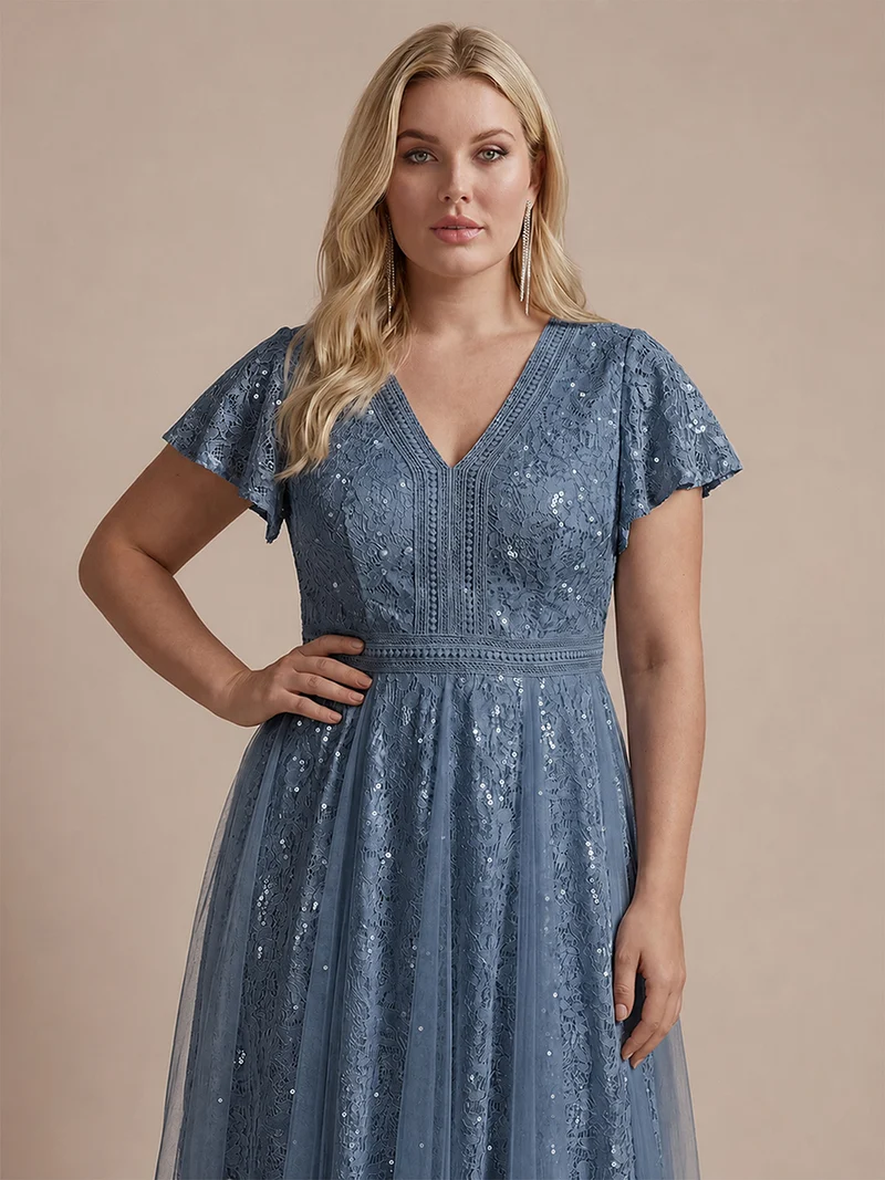 Robe midi évasée en tulle avec manches courtes décolleté en V et volants
