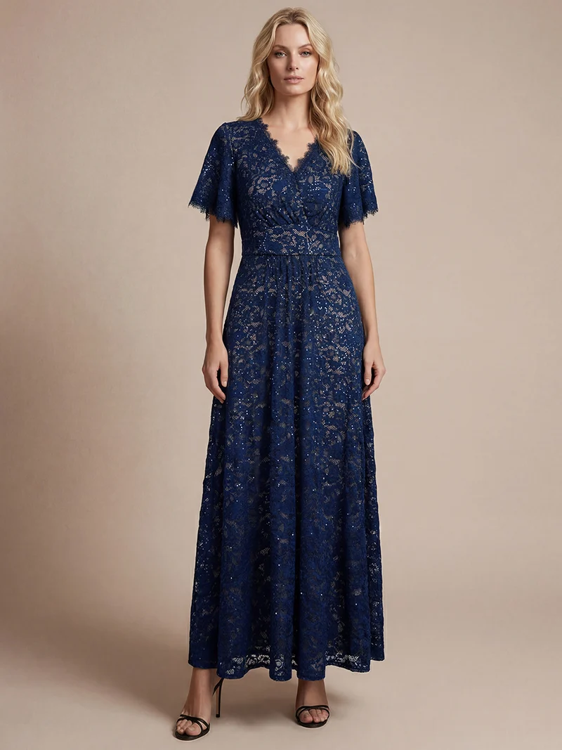 Robe longue à volants en dentelle à manches courtes A ligne