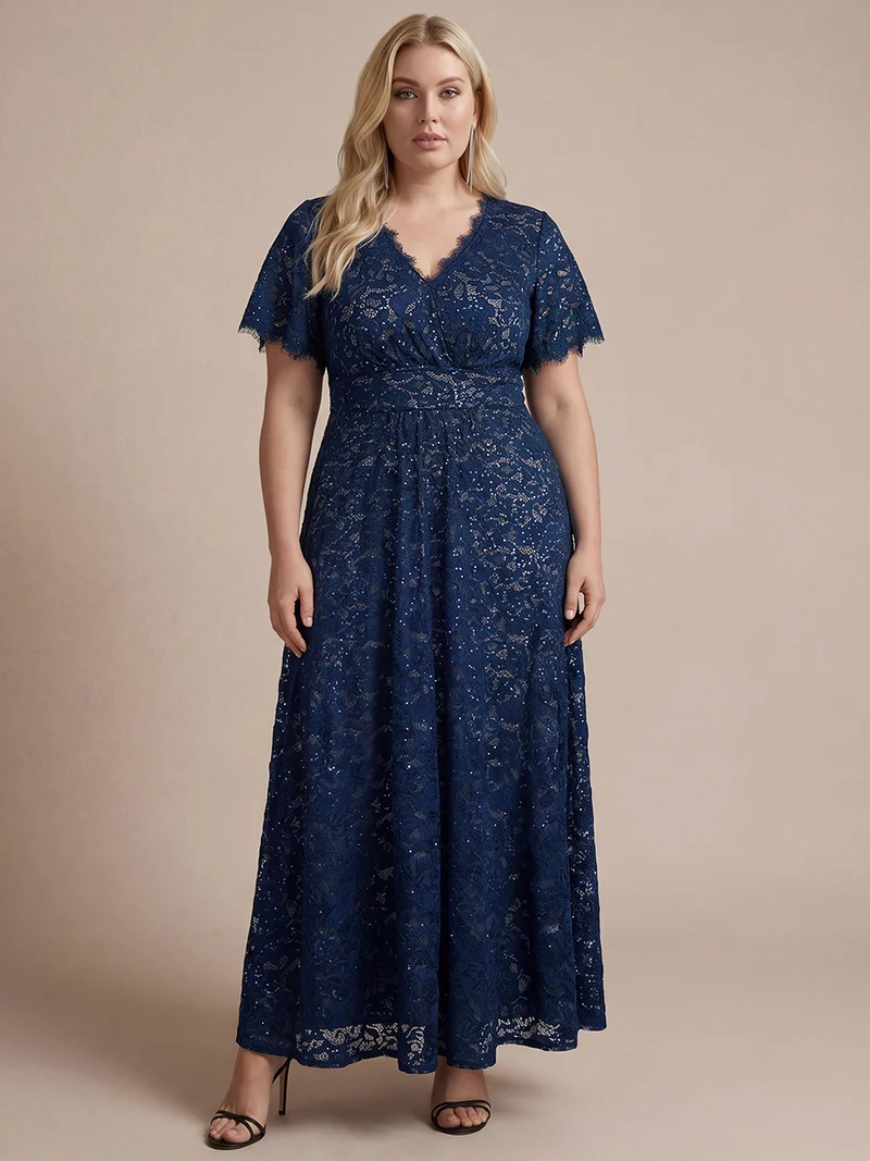 Robe longue à volants en dentelle à manches courtes A ligne