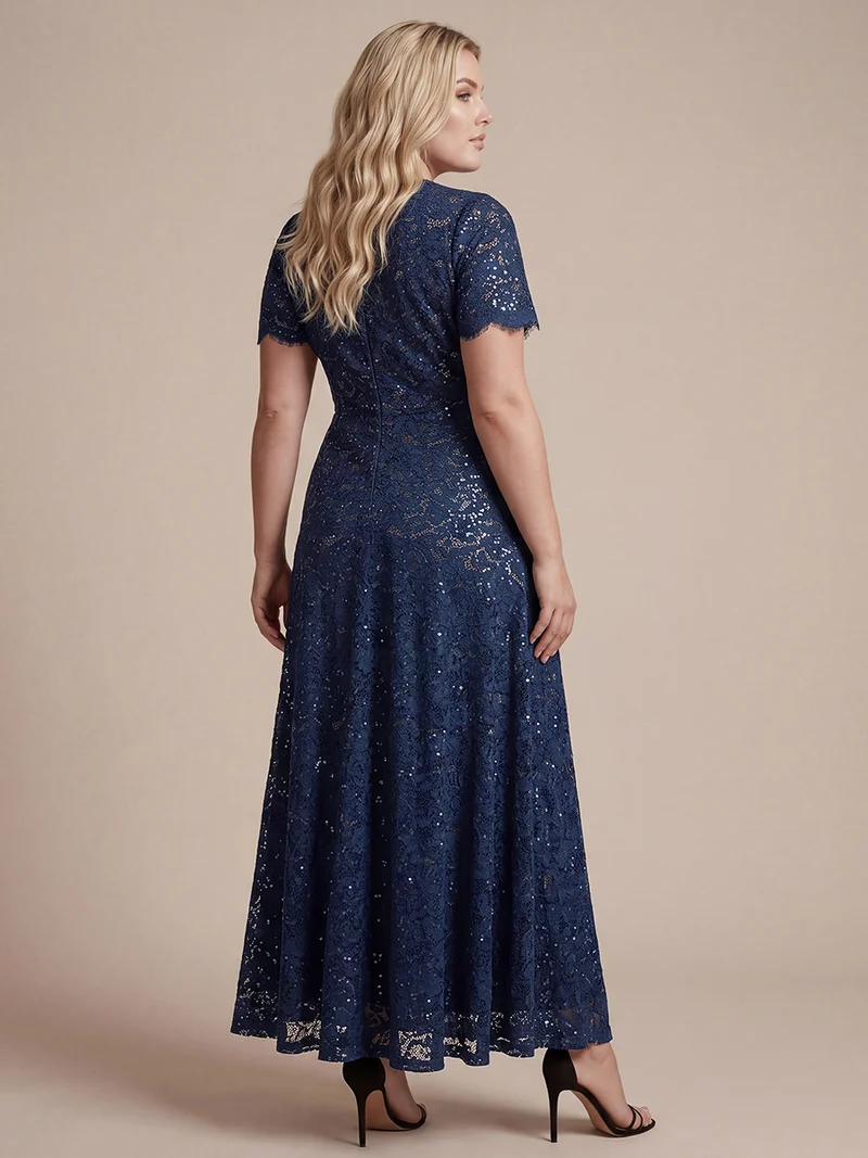 Robe longue à volants en dentelle à manches courtes A ligne