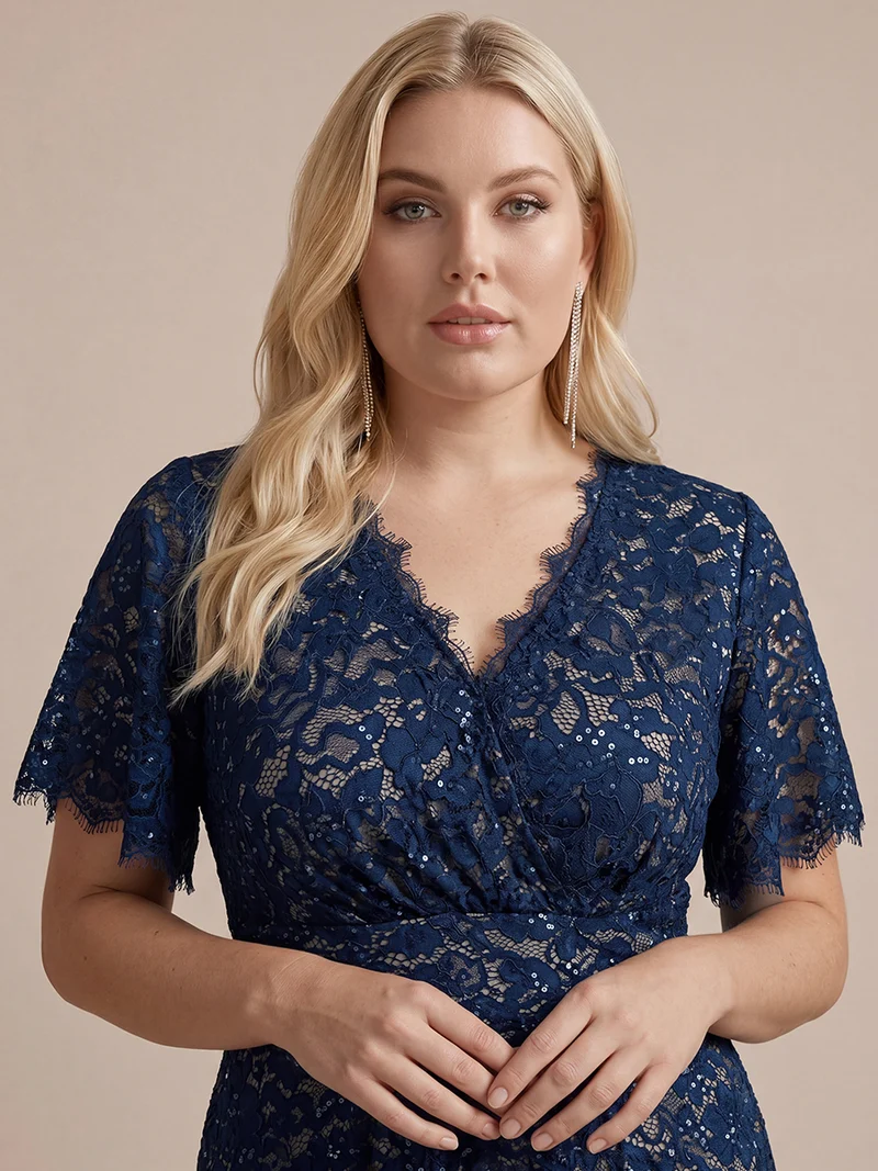 Robe longue à volants en dentelle à manches courtes A ligne