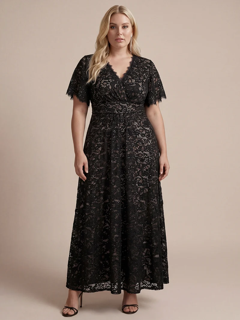 Robe longue à volants en dentelle à manches courtes A ligne