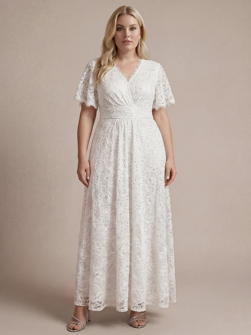 Robe longue à volants en dentelle à manches courtes A ligne