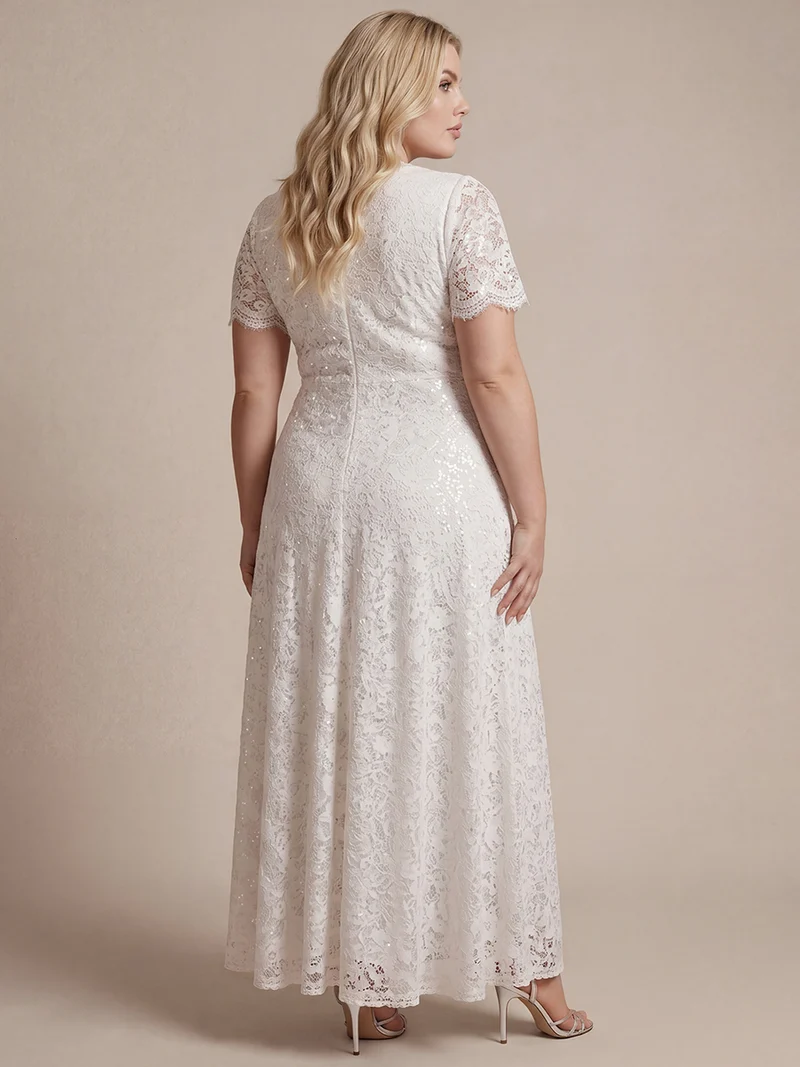 Robe longue à volants en dentelle à manches courtes A ligne