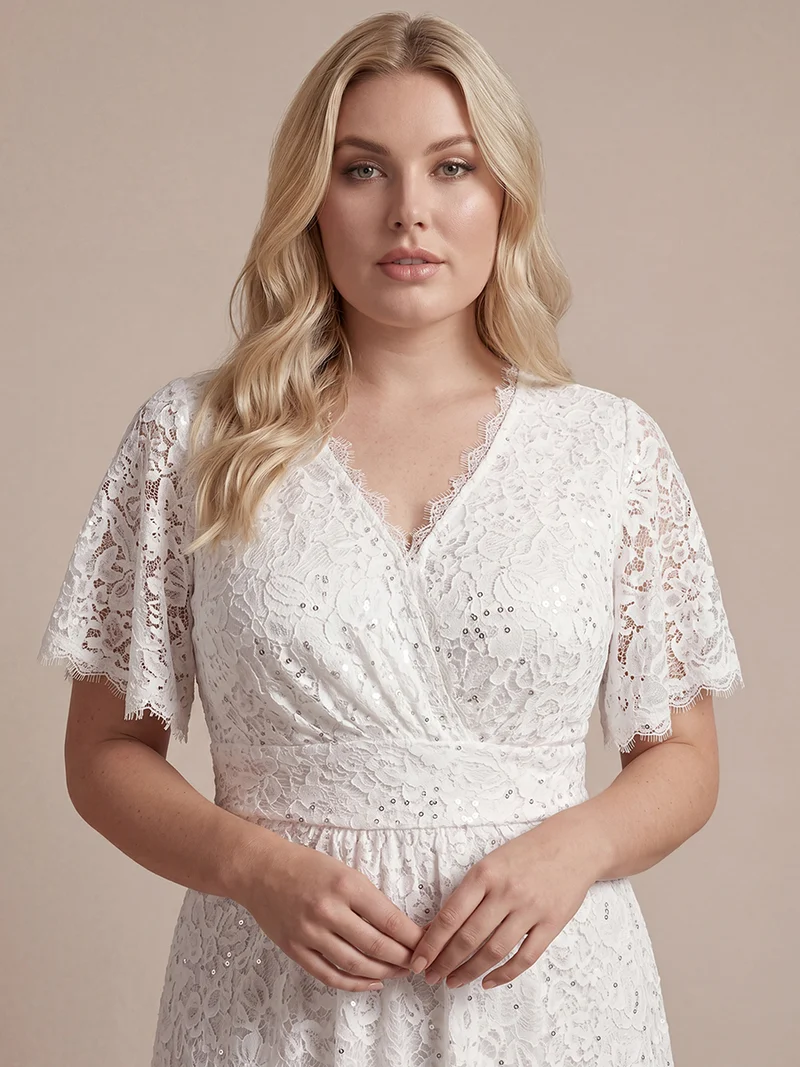 Robe longue à volants en dentelle à manches courtes A ligne