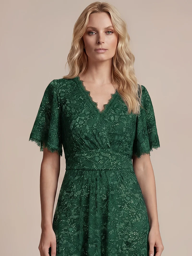 Robe longue à volants en dentelle à manches courtes A ligne