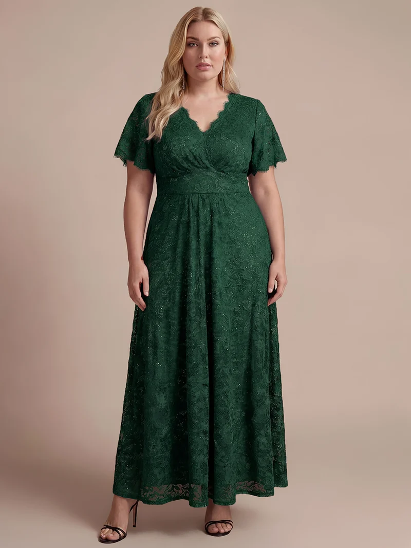 Robe longue à volants en dentelle à manches courtes A ligne