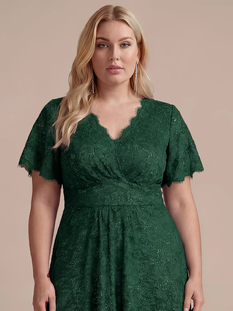 Robe longue à volants en dentelle à manches courtes A ligne