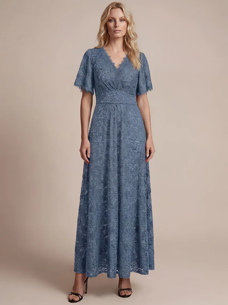 Robe longue à volants en dentelle à manches courtes A ligne