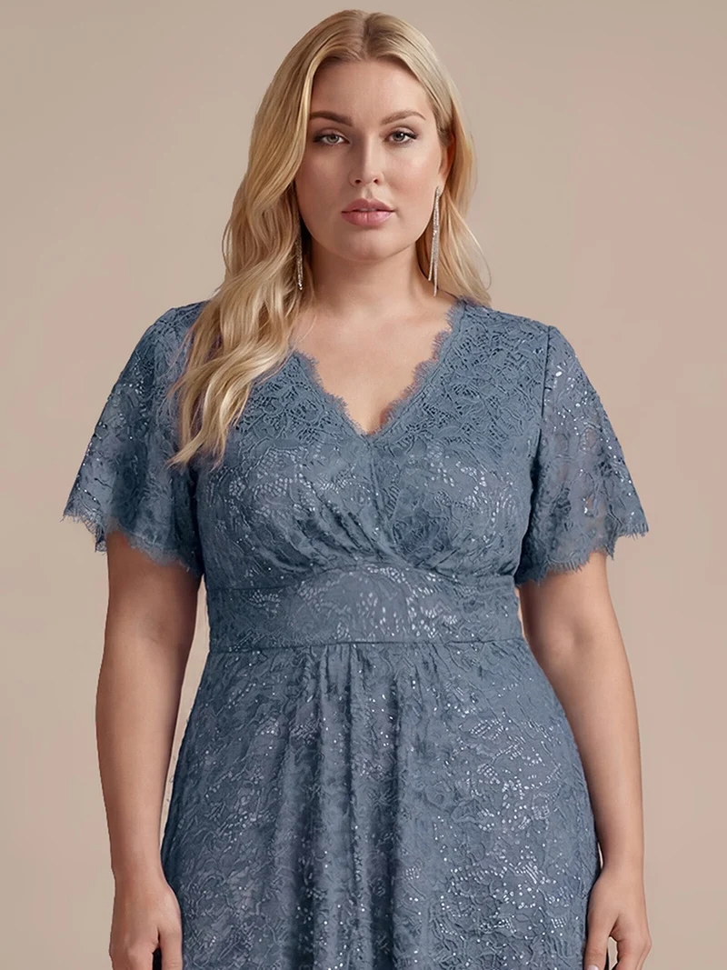 Robe longue à volants en dentelle à manches courtes A ligne