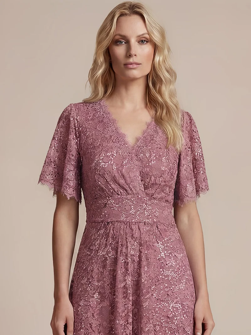 Robe longue à volants en dentelle à manches courtes A ligne