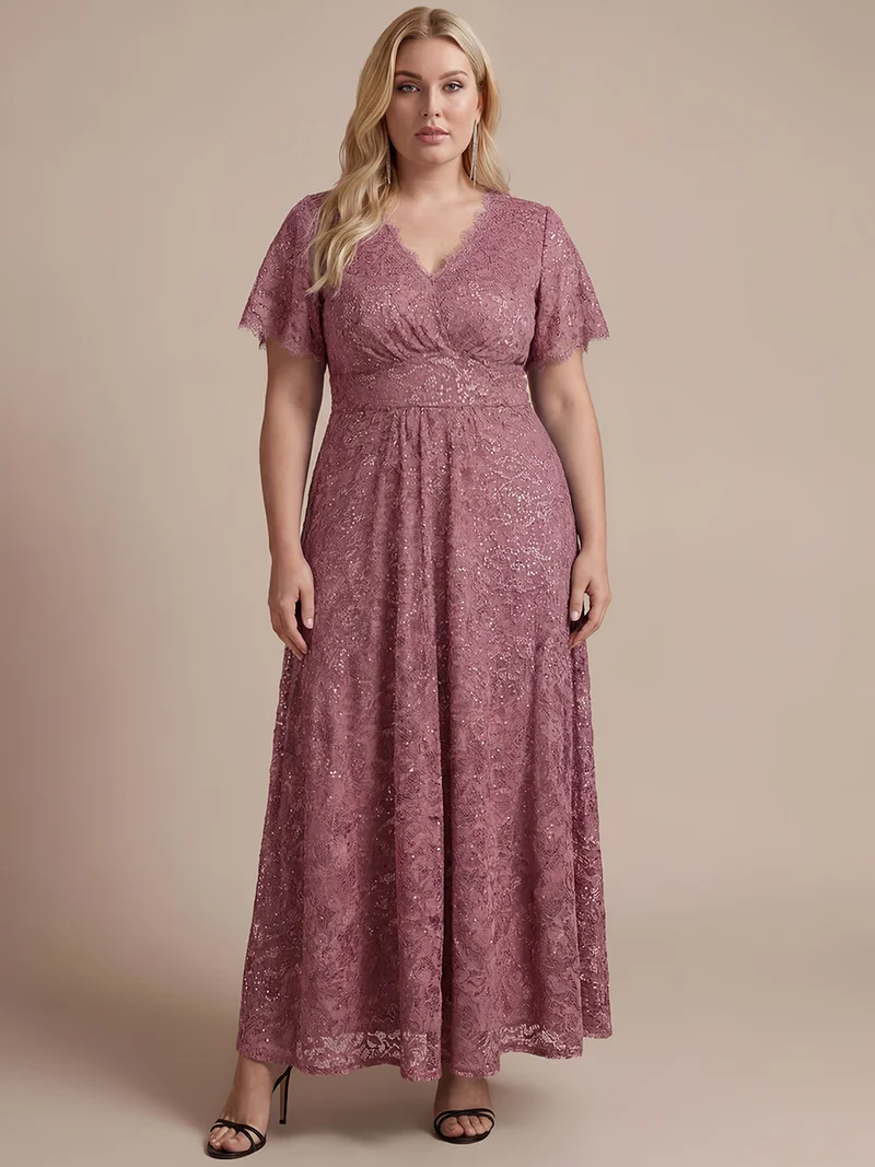 Robe longue à volants en dentelle à manches courtes A ligne
