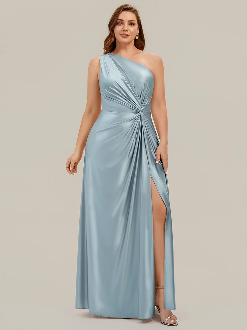 Robe longue à une épaule sans manches en A avec fente haute et détail noué