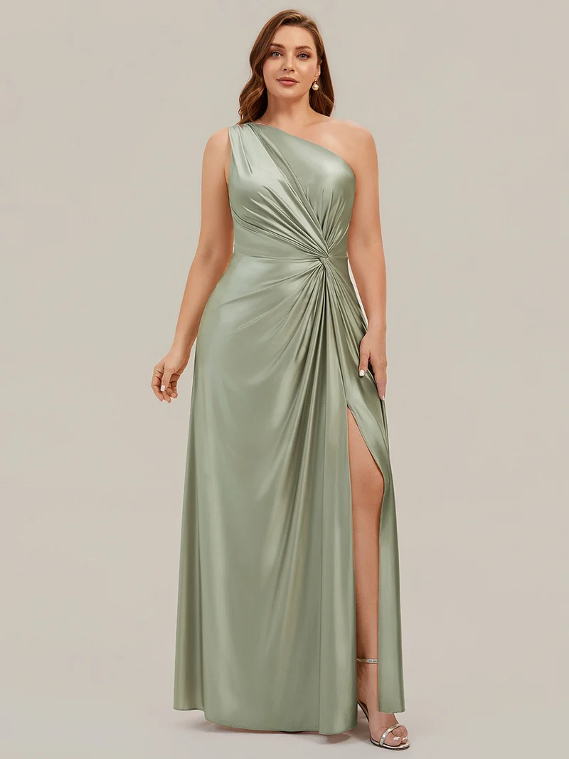 Robe longue à une épaule sans manches en A avec fente haute et détail noué