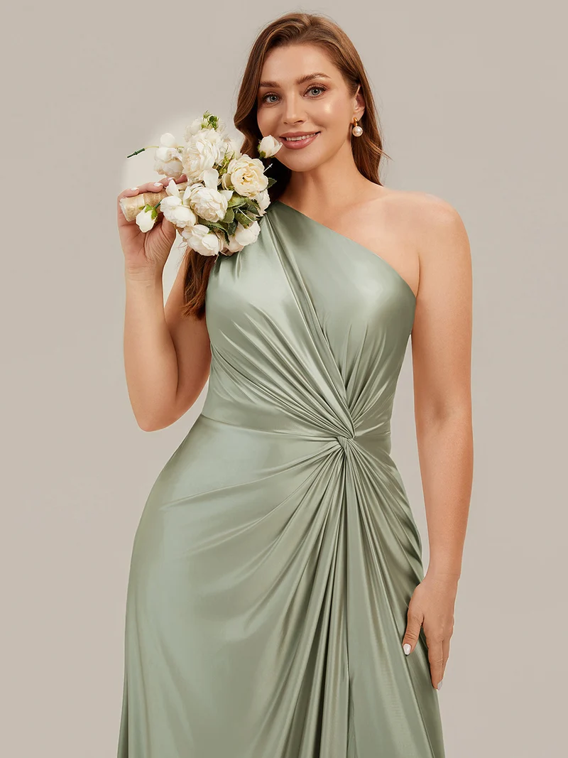 Robe longue à une épaule sans manches en A avec fente haute et détail noué