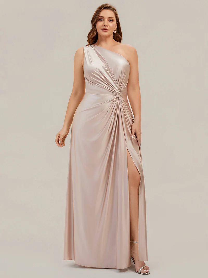 Robe longue à une épaule sans manches en A avec fente haute et détail noué
