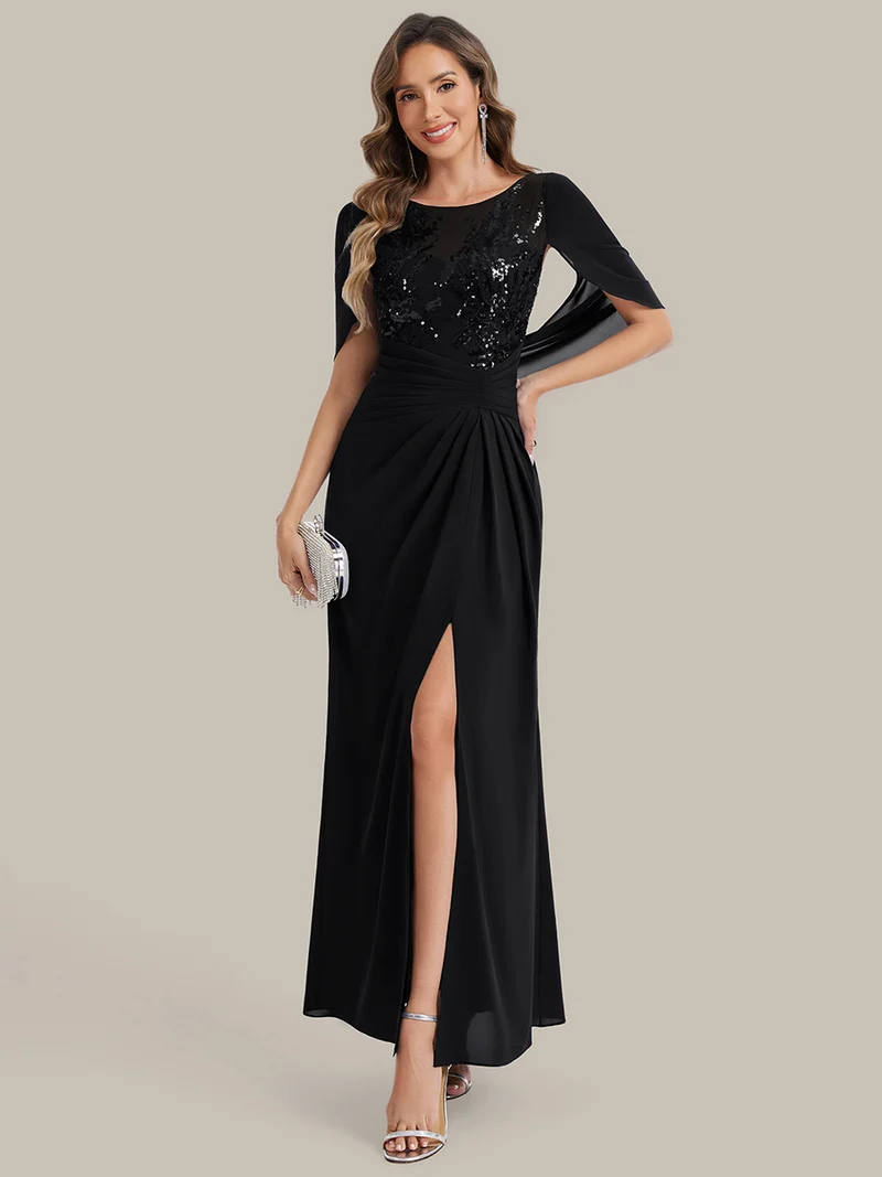Robe longue à encolure drapée à manches mi-longues et taille cintrée