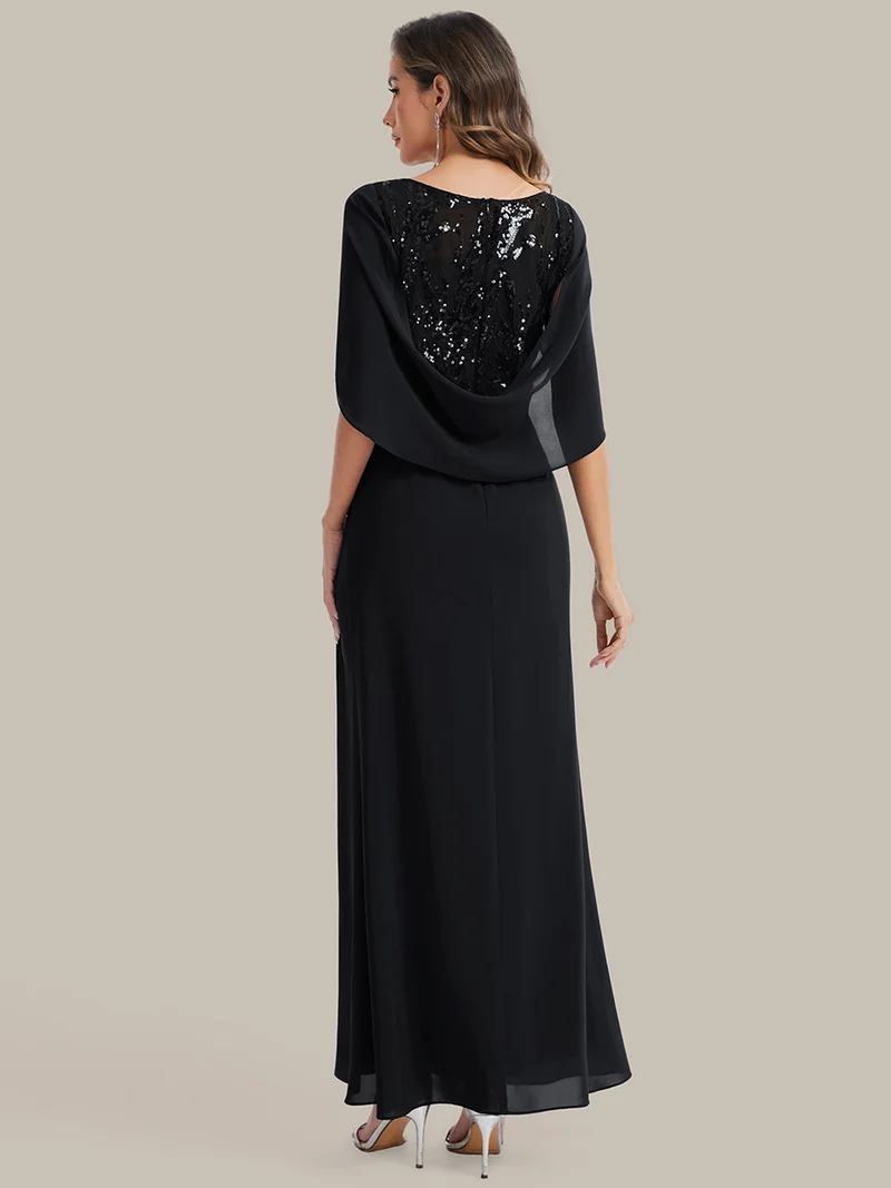 Robe longue à encolure drapée à manches mi-longues et taille cintrée