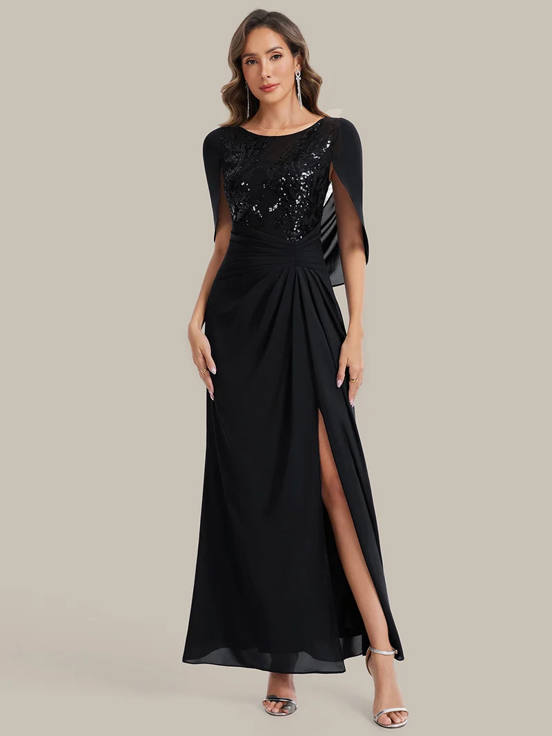 Robe longue à encolure drapée à manches mi-longues et taille cintrée