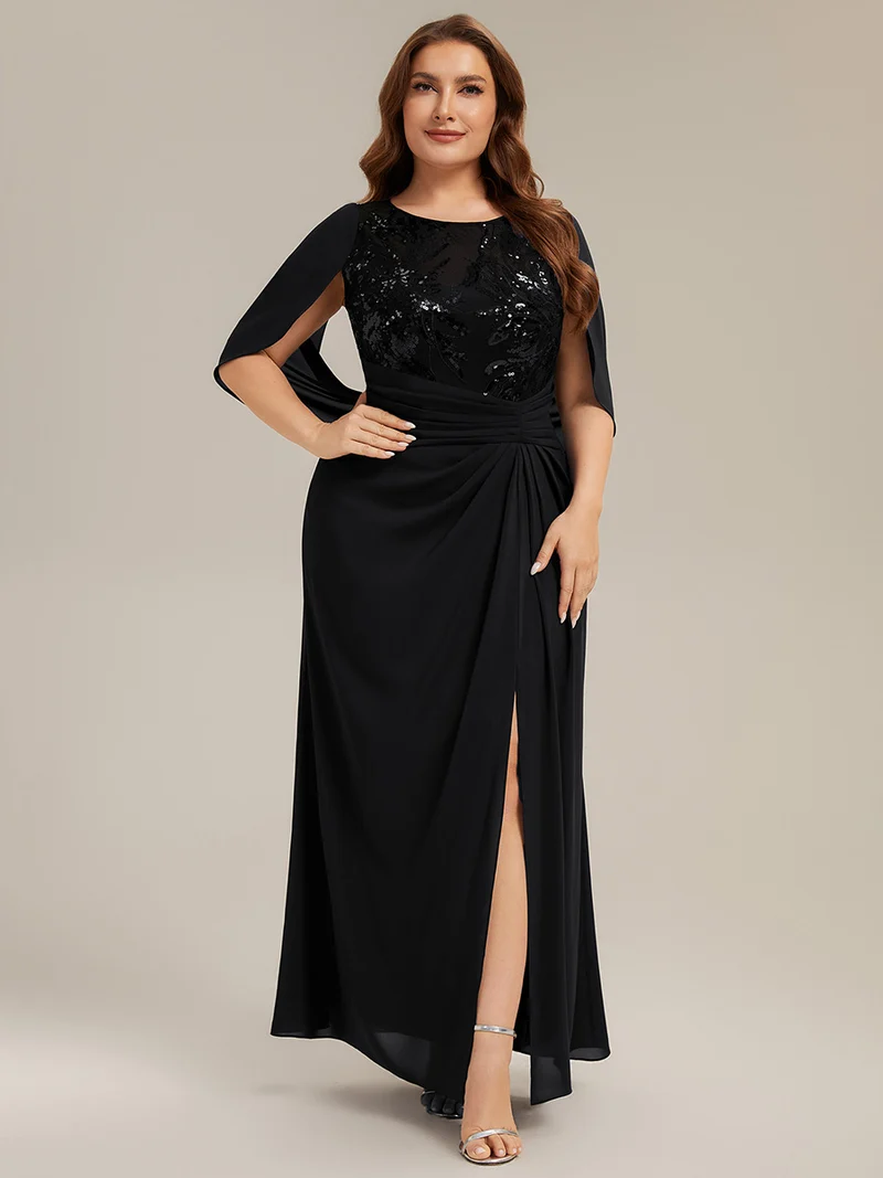 Robe longue à encolure drapée à manches mi-longues et taille cintrée
