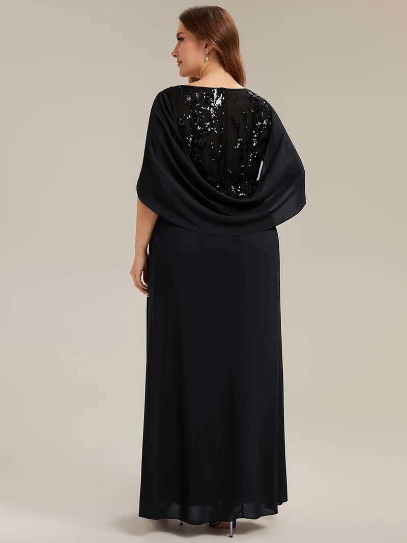 Robe longue à encolure drapée à manches mi-longues et taille cintrée