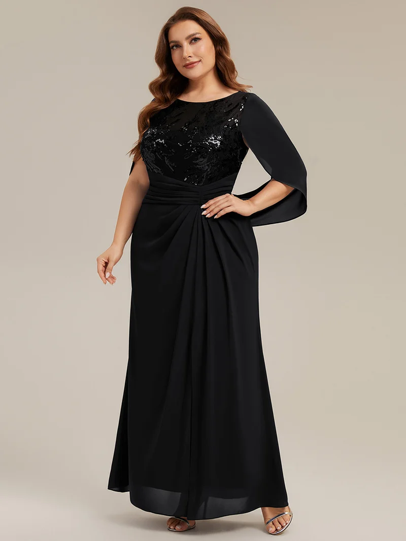 Robe longue à encolure drapée à manches mi-longues et taille cintrée
