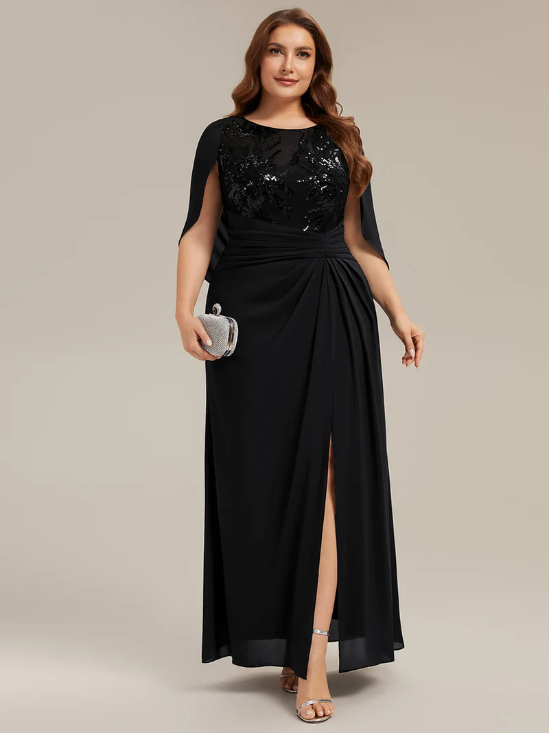 Robe longue à encolure drapée à manches mi-longues et taille cintrée