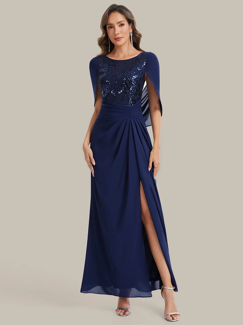Robe longue à encolure drapée à manches mi-longues et taille cintrée