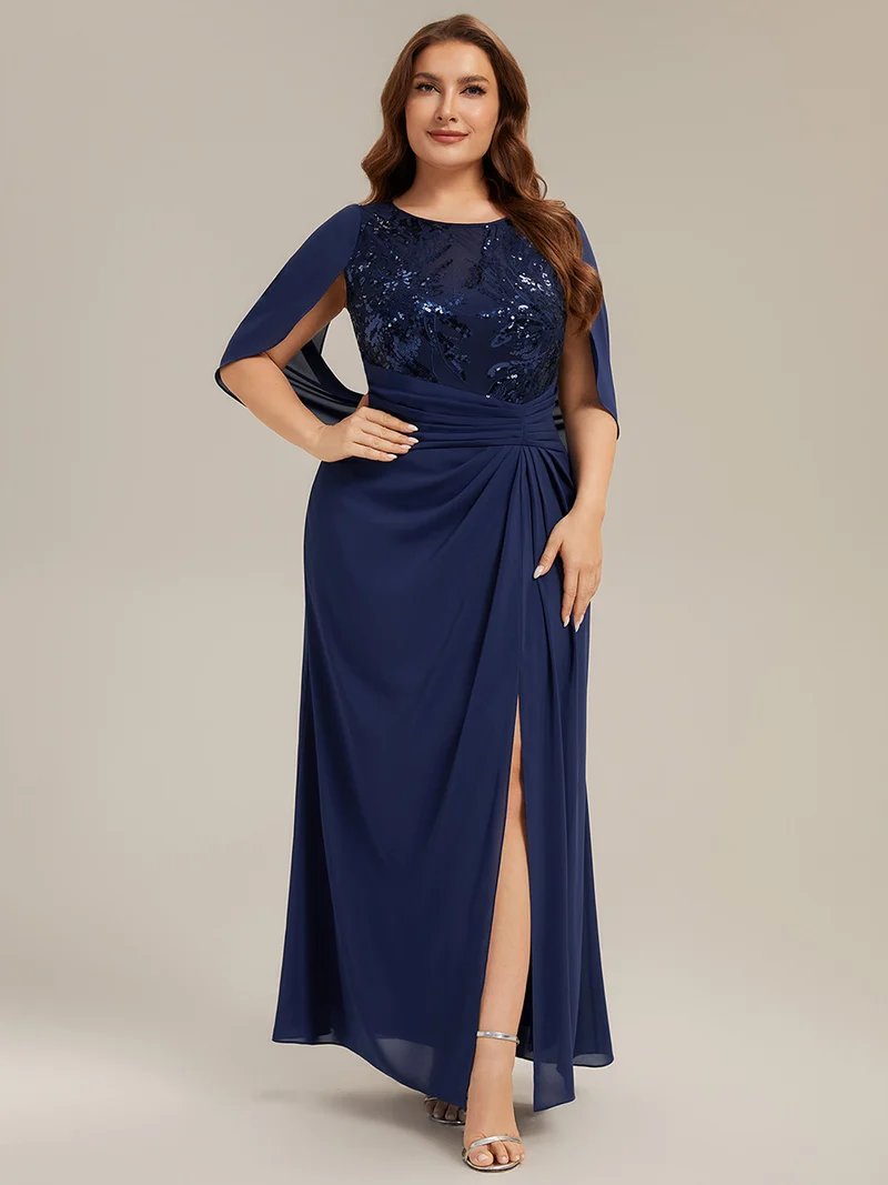 Robe longue à encolure drapée à manches mi-longues et taille cintrée