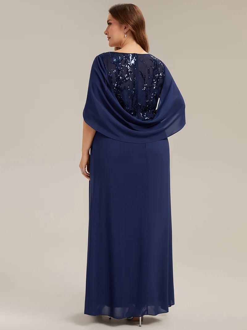 Robe longue à encolure drapée à manches mi-longues et taille cintrée