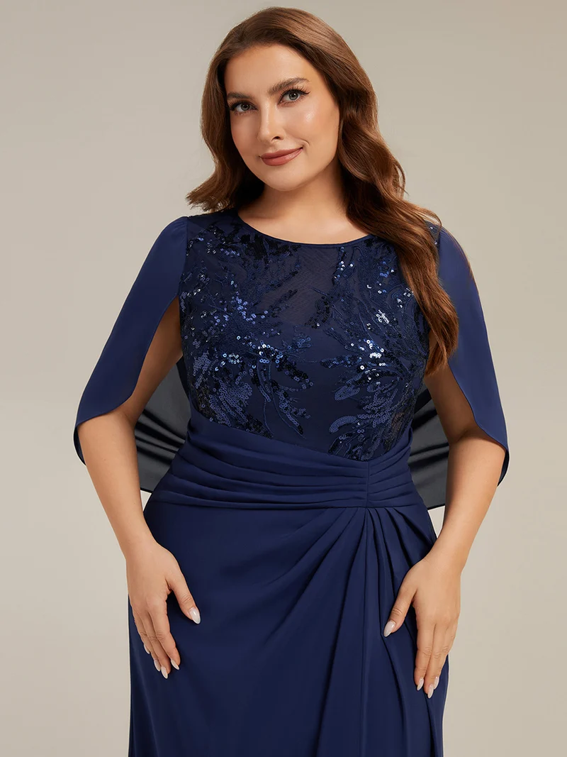 Robe longue à encolure drapée à manches mi-longues et taille cintrée