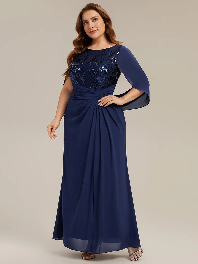 Robe longue à encolure drapée à manches mi-longues et taille cintrée
