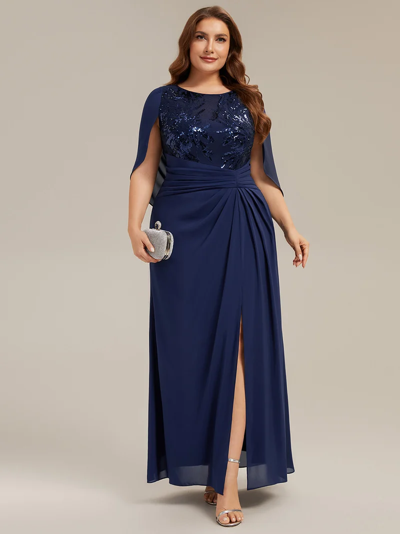 Robe longue à encolure drapée à manches mi-longues et taille cintrée