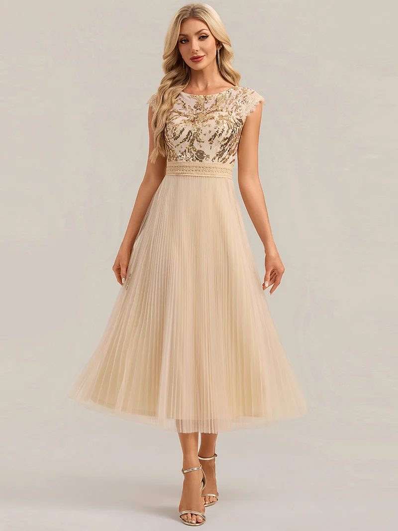 Robe midi sans manches à sequins col rond en A