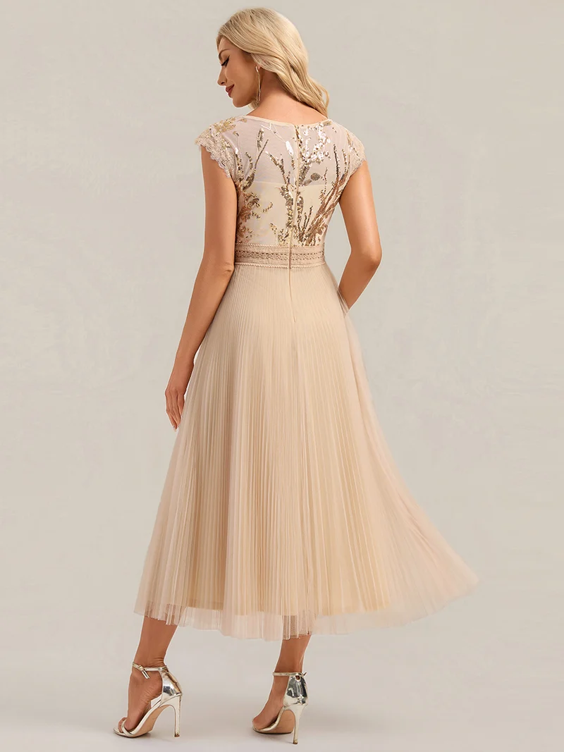 Robe midi sans manches à sequins col rond en A