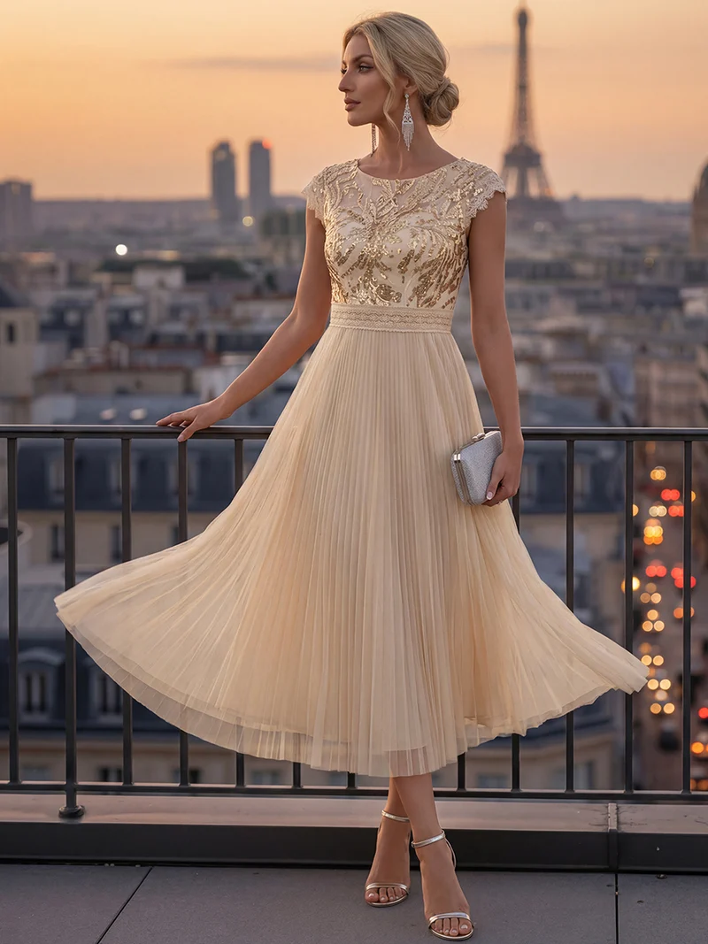 Robe midi sans manches à sequins col rond en A