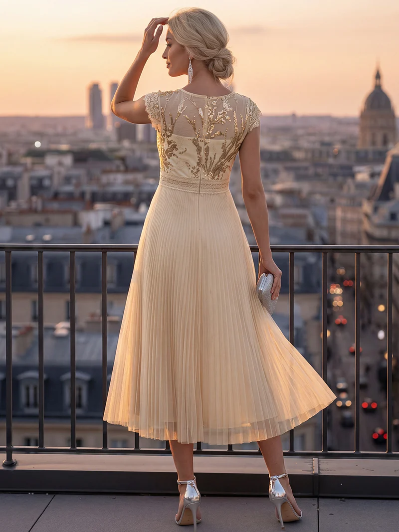 Robe midi sans manches à sequins col rond en A