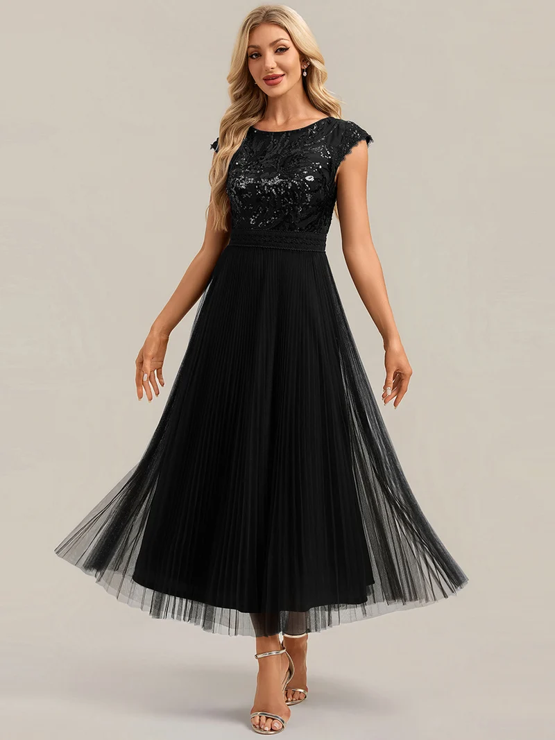 Robe midi sans manches à sequins col rond en A