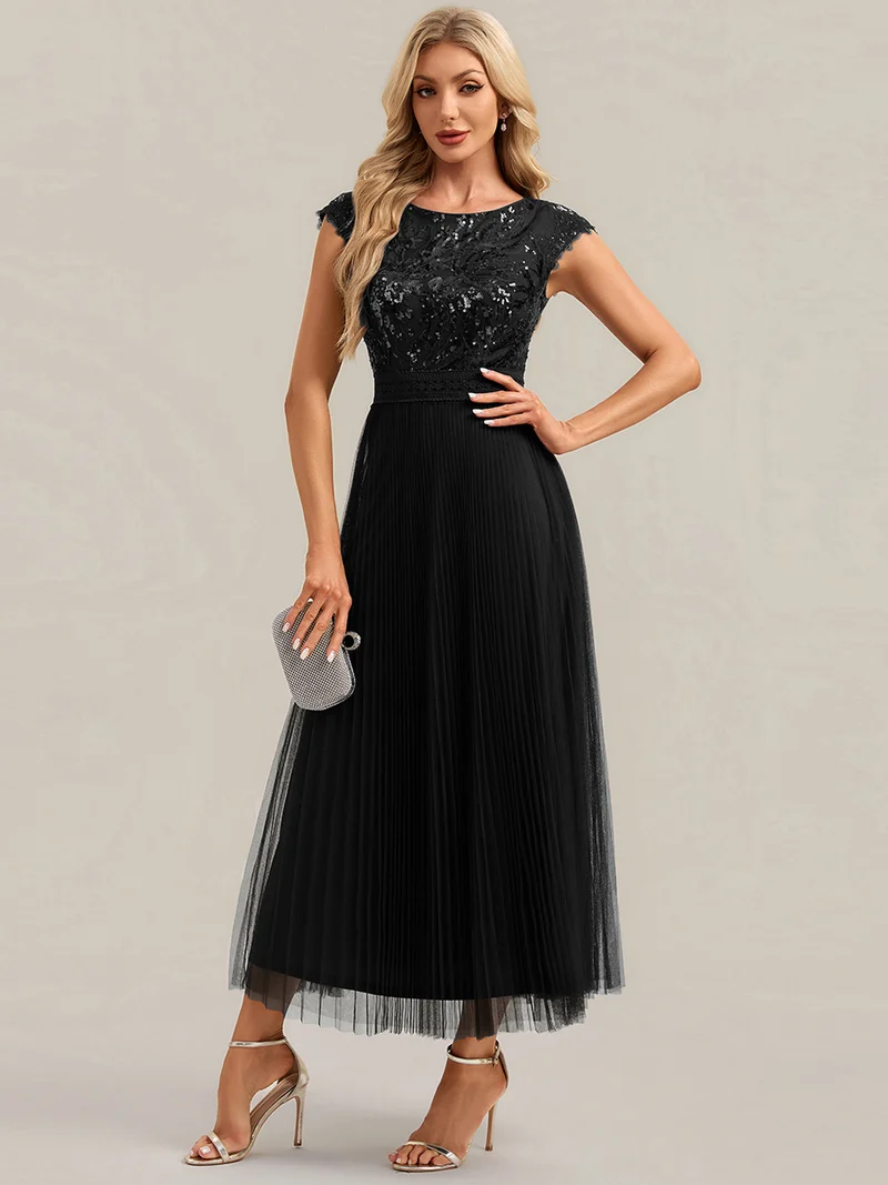 Robe midi sans manches à sequins col rond en A